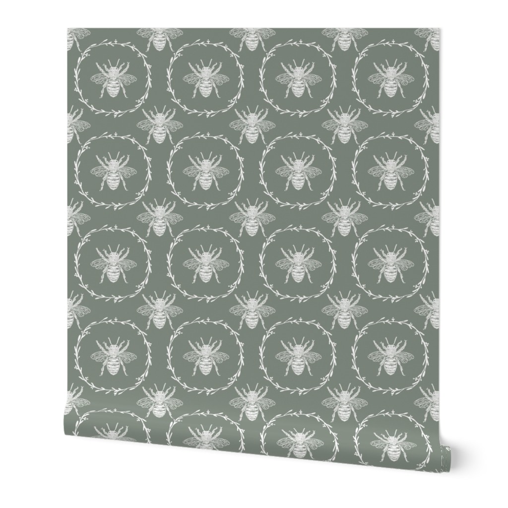 Large French Provincial Bees in Laurel Wreaths in White on Sage Green