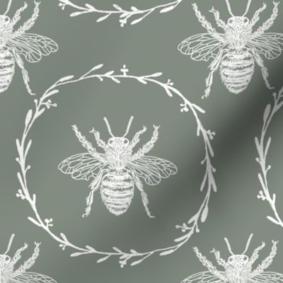 Large French Provincial Bees in Laurel Wreaths in White on Sage Green