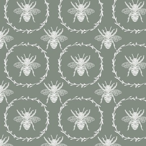 Large French Provincial Bees in Laurel Wreaths in White on Sage Green