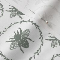 Small French Provincial Bees in Laurel Wreaths in Sage Green on White