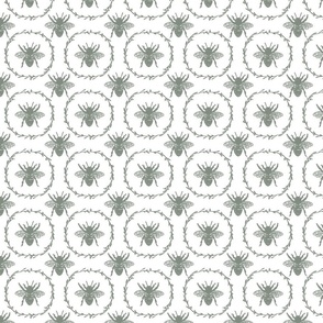 Small French Provincial Bees in Laurel Wreaths in Sage Green on White