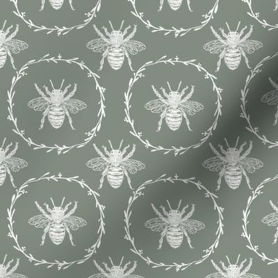 Small French Provincial Bees in Laurel Wreaths in White on Sage Green