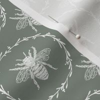 Small French Provincial Bees in Laurel Wreaths in White on Sage Green