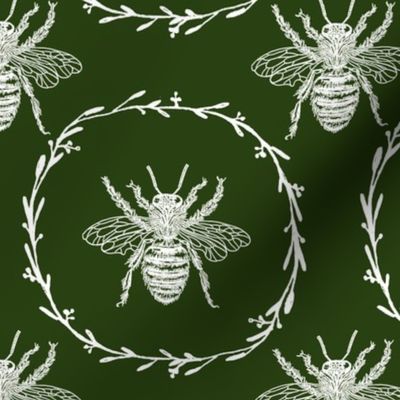 Large French Provincial Bees in Laurel Wreaths in White on Lichen Green