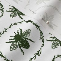 Small French Provincial Bees in Laurel Wreaths in Lichen Green on White