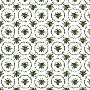 Small French Provincial Bees in Laurel Wreaths in Lichen Green on White