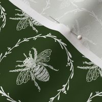 Small French Provincial Bees in Laurel Wreaths in White on Lichen Green