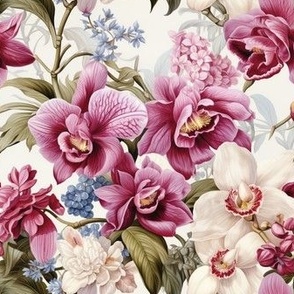 French Orchid Garden #1 in Pink, Ivory, and Periwinkle