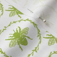 Small French Provincial Bees in Laurel Wreaths in Fresh Green on White
