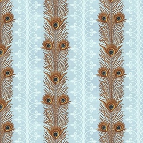 1803 Vintage French Peacock Feathers on Textured Serene Blue - Original Colors