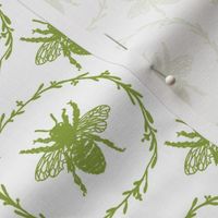 Small French Provincial Bees in Laurel Wreaths in Grass Green on White