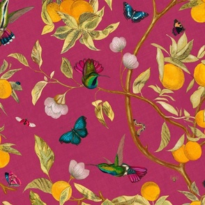 Hummingbirds, lemons and butterflies in raspberry red