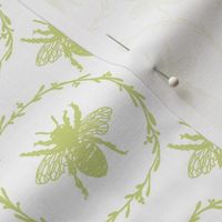 Small French Provincial Bees in Laurel Wreaths in New Green on White
