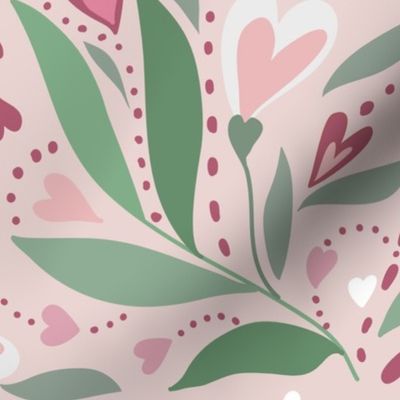 Valentine heart growing flower with leaves, pink, white, green and maroon
