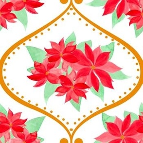 Watercolor Poinsettia Ogee Red Green Gold with white background Holiday Floral home decor