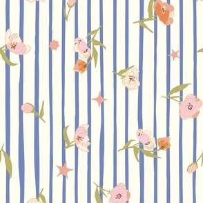summer peachy  flowers and baby blue vertical stripes on creamy white vertical 