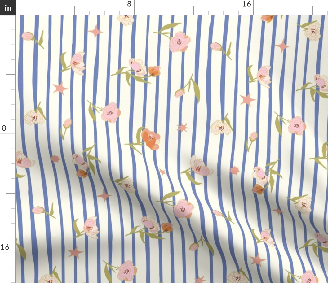 summer peachy  flowers and baby blue vertical stripes on creamy white vertical 