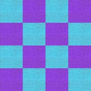 Chequerboard with burlap texture amethyst purple and  blue turquoise  4” repeat