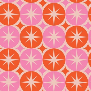 Mid Century White Atomic Starbursts On Pink and Orange Big Circles
