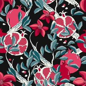 Pomegranate tree, dark pink fruits with turquoise leaves on a black background, large scale 