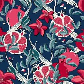 Pomegranate tree, dark pink fruits with turquoise leaves on a dark blue background, large scale