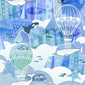 Dreamy Crystal Village in the Night Sky with Sea Animals and Hot Air Balloons- Mint Green- Purple- Lilac- Lavender- Gender Neutral Nursery- Whimsy- Whimsical Kids Wallpaper- Adventure- Bright Pastels- Large