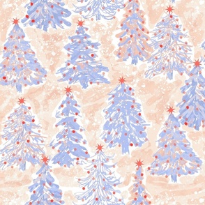 apricity christmas trees with stars sketchy watercolor pastel blue, pink red