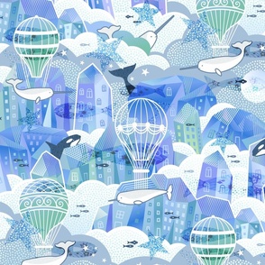 Dreamy Crystal Village in the Sky with Sea Animals and Hot Air Balloons- Mint Green- Purple- Lilac- Lavender- Gender Neutral Nursery- Whimsy- Whimsical Kids Wallpaper- Adventure- Bright Pastels- Medium