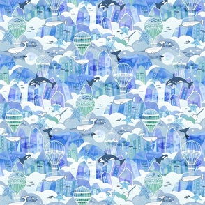 Dreamy Crystal Village in the Sky with Sea Animals and Hot Air Balloons- Mint Green- Purple- Lilac- Lavender- Gender Neutral Nursery- Whimsy- Whimsical Kids Wallpaper- Adventure- Bright Pastels- Small