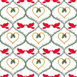 Christmas Doves ogee pattern red and green hearts mistletoe 