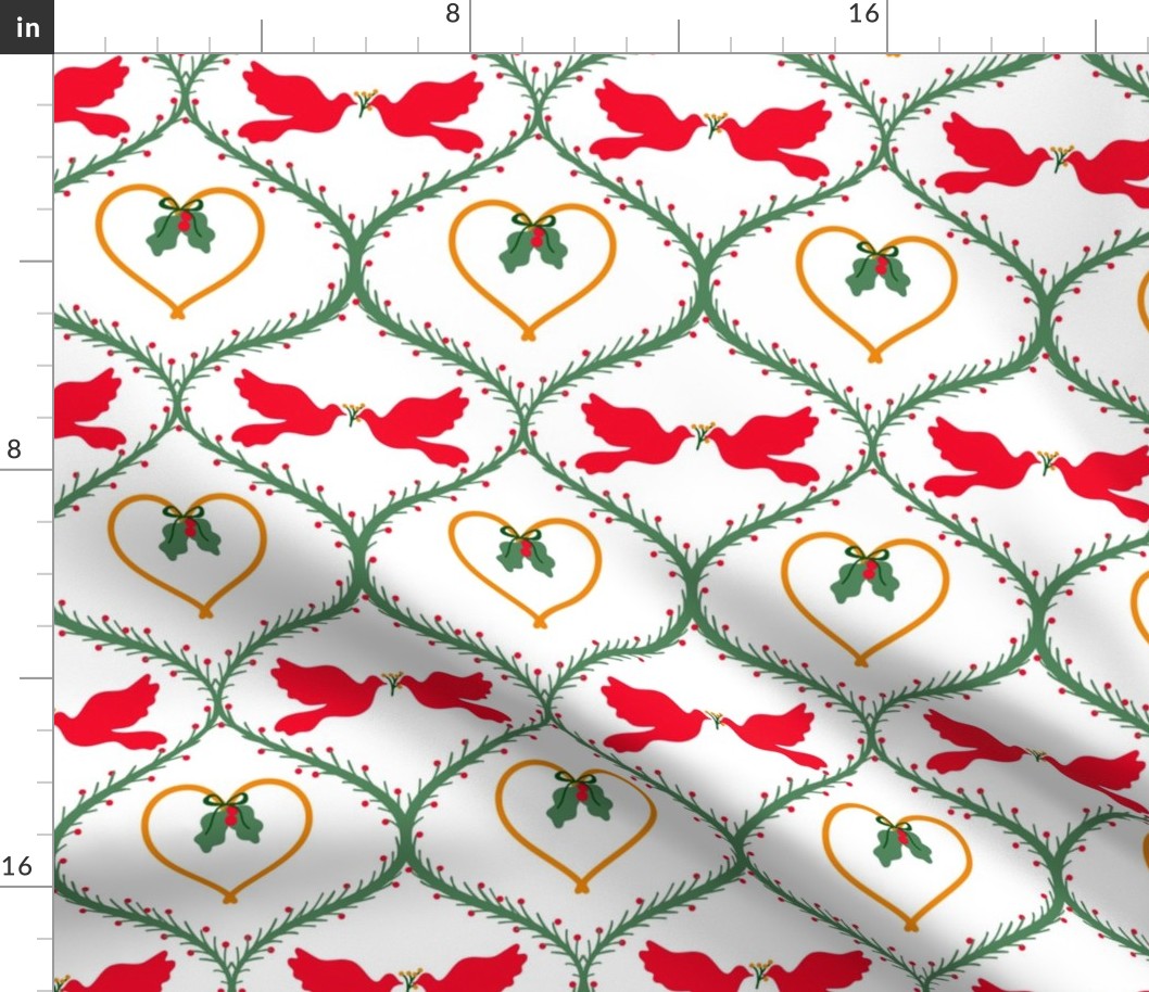 Christmas Doves ogee pattern red and green hearts mistletoe 