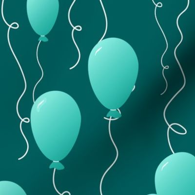 Festive Multi-sized Teal Balloons with Streamers Floating Against a Dark Teal Background