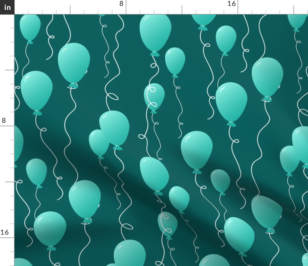 Festive Multi-sized Teal Balloons with Streamers Floating Against a Dark Teal Background