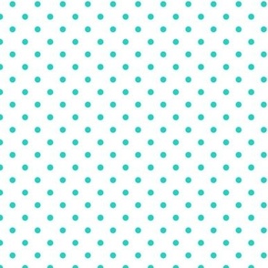 .75-Inch Spread Between Small Teal Polka Dots in Traditional Pattern on White