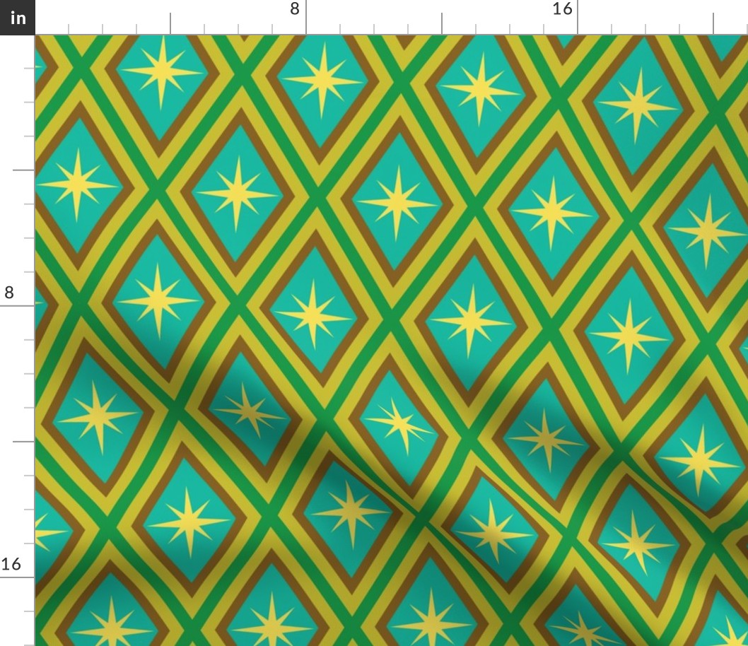 Mid Century Yellow Atomic Starbursts on Harlequin diamonds In Teal and Red - Medium  Scale 