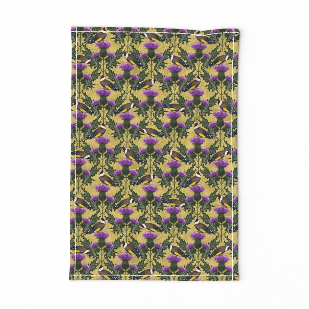 Scotland Flower Thistle Finches Yellow Cottage Core | Purple Thistle Goldfinch Birds Citrine Yellow Damask Historical Decor | Arts and Crafts Yellow Purple Flower Thistles 