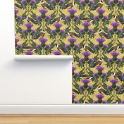 Scotland Flower Thistle Finches Yellow Cottage Core | Purple Thistle Goldfinch Birds Citrine Yellow Damask Historical Décor, Arts and Crafts Yellow Purple Flower Thistles, Highland Birds, Decorative Elements, Floral Bird Pattern, Victorian Influence, High