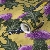 Scotland Flower Thistle Finches Yellow Cottage Core | Purple Thistle Goldfinch Birds Citrine Yellow Damask Historical Décor, Arts and Crafts Yellow Purple Flower Thistles, Highland Birds, Decorative Elements, Floral Bird Pattern, Victorian Influence, High