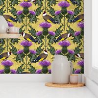 Scotland Flower Thistle Finches Yellow Cottage Core | Purple Thistle Goldfinch Birds Citrine Yellow Damask Historical Decor | Arts and Crafts Yellow Purple Flower Thistles 
