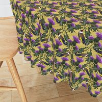 Scotland Flower Thistle Finches Yellow Cottage Core | Purple Thistle Goldfinch Birds Citrine Yellow Damask Historical Décor, Arts and Crafts Yellow Purple Flower Thistles, Highland Birds, Decorative Elements, Floral Bird Pattern, Victorian Influence, High