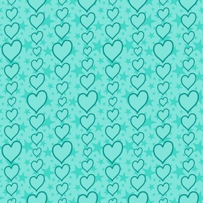 M - Aqua Hearts & Stars – Light Pastel Green Blue Valentines Love Heart Stripe