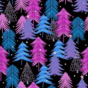 Blue and pink Christmas trees on black