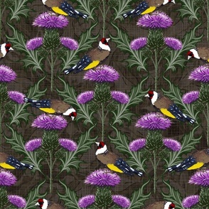 Purple Thistle Flower Finches Deep Brown Floral Background Historical Decor | Scottish Thistle Goldfinch Birds Cocoa Brown Cottagecore Dark Maximalism