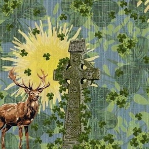 St Patrick Folklore Farmhouse Kitchen Celtic Cross, Irish Clover Leaves Emerald Isle Garden, Wild Deer Outdoor Nature Scene, Feast Of St Paddys, Three Leaf Lucky Shamrock Clover, Bright Yellow Sunrise, Blue and Green Tapestry Texture