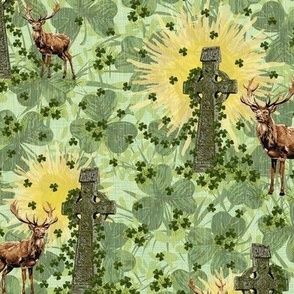 St Patricks Day Countryside Toile, Celtic Charm Sunny day, Lucky Shamrock Clover Green, Wild Buck Deer Home decor