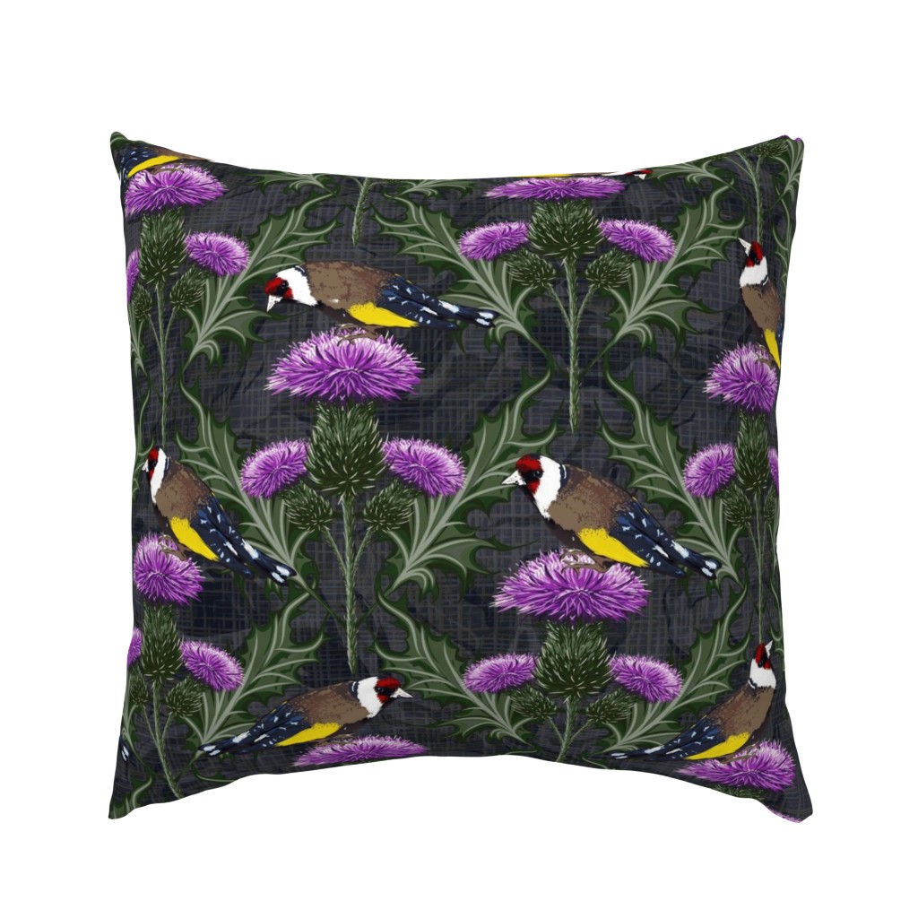 Bright Violet Thistles Goldfinch Birds Smokey Gray Floral Linen Texture Black Maximalism | Finches Ornate Floral Purple Thistles Scottish Symbol Lush Green Foliage Green Thistle