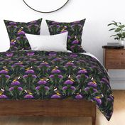 Bright Violet Thistles Goldfinch Birds Smokey Gray Floral Linen Texture Black Maximalism | Finches Ornate Floral Purple Thistles Scottish Symbol Lush Green Foliage Green Thistle