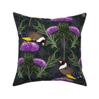 Bright Violet Thistles Goldfinch Birds Smokey Gray Floral Linen Texture Black Maximalism | Finches Ornate Floral Purple Thistles Scottish Symbol Lush Green Foliage Green Thistle