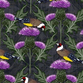 Bright Violet Thistles Goldfinch Birds Smokey Gray Floral Linen Texture Black Maximalism | Finches Ornate Floral Purple Thistles Scottish Symbol Lush Green Foliage Green Thistle