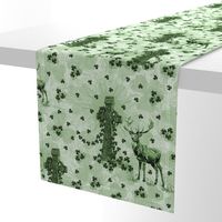 Irish Green and White Toile De Jouy, Celtic Cross Toile, Woodland Buck Forest Deer, Lucky Shamrock St Patricks Day